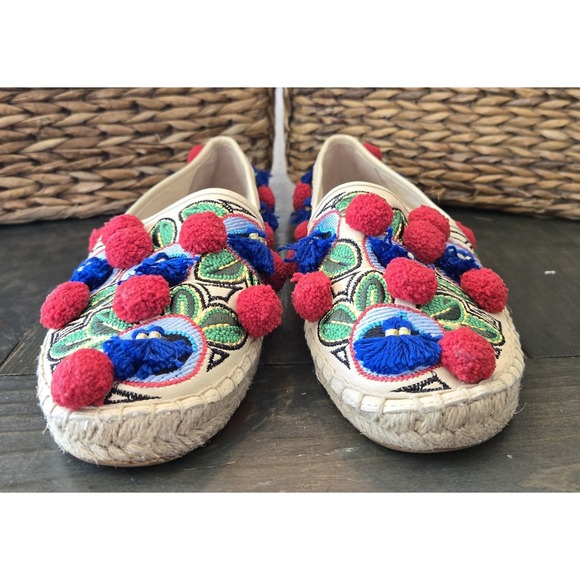 TORY BURCH Ellis Pom-pom‎ Embroidered Leather Textile Espadrille Flats 7.5 Shoes - Picture 4 of 13